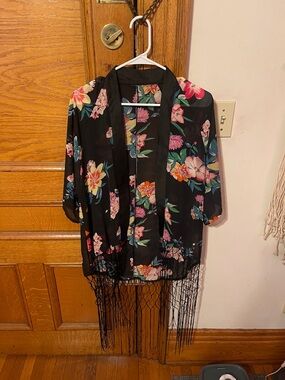 Sheer Black Floral Fringe Kimono Jacket